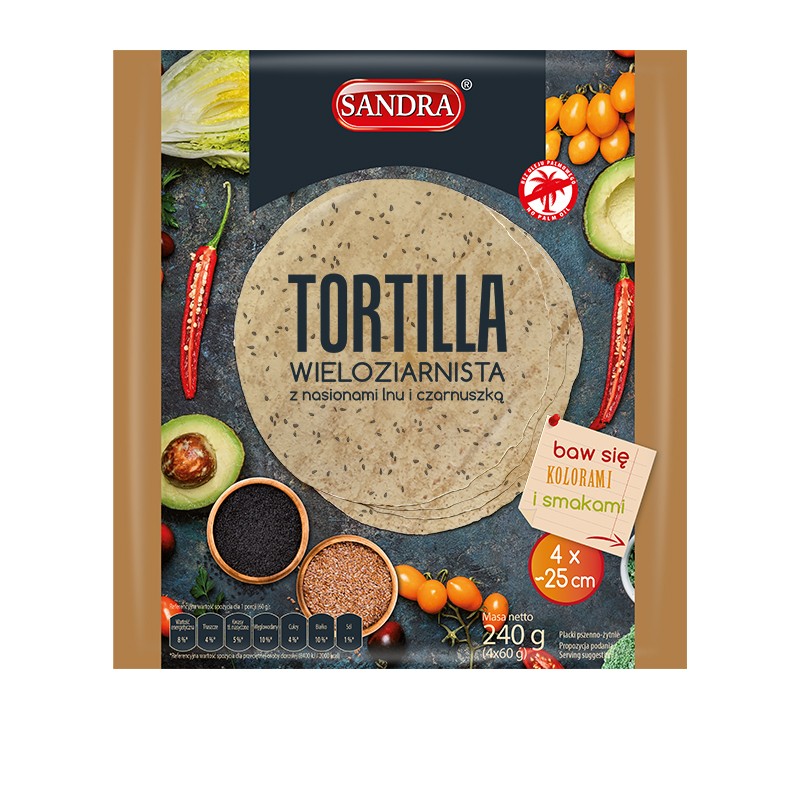 SANDRA TORTILLA PLACKI WIELOZIARNISTE BEZ OLEJU PALMOWEGO 4×25 cm
